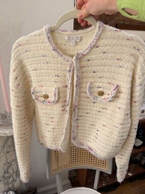 J. Crew Cream Cropped Lady Jacket Marled Yarn with Gold Buttons